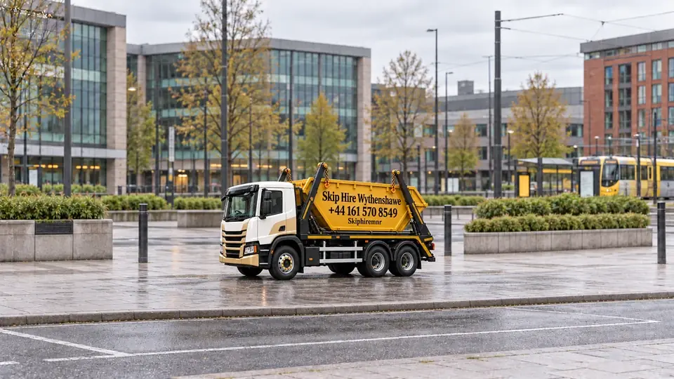 Illustrative Wythenshawe town-centre scene with a gold and white truck branded Skip Hire Wythenshawe, +44 161 570 8549, without workers.